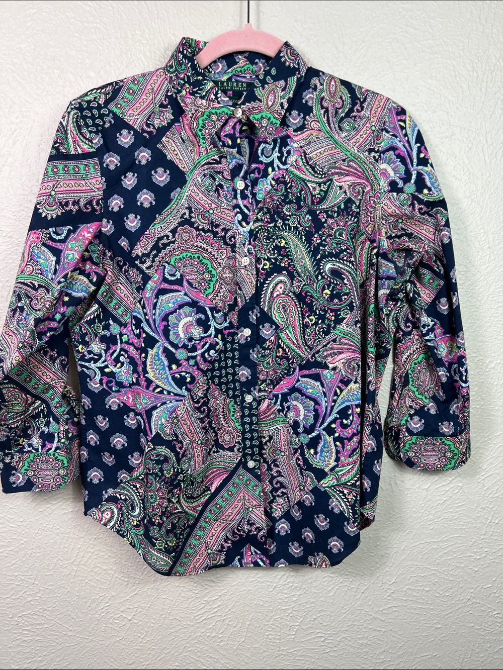 Lauren Ralph Lauren Colorful Paisley Print 3/4 Sleeve Button Front Blouse Medium